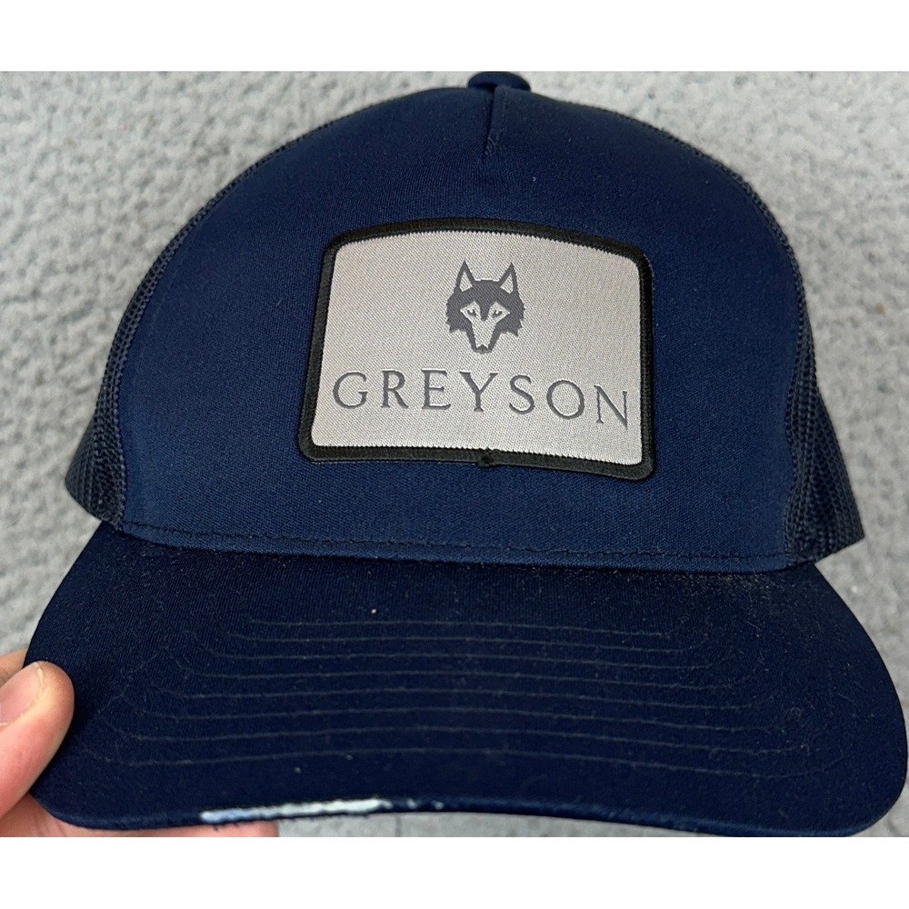 Greyson Trucker Hat Mens OSFA Wolf Logo Navy Blue Mesh Back Snapback Cap Casual